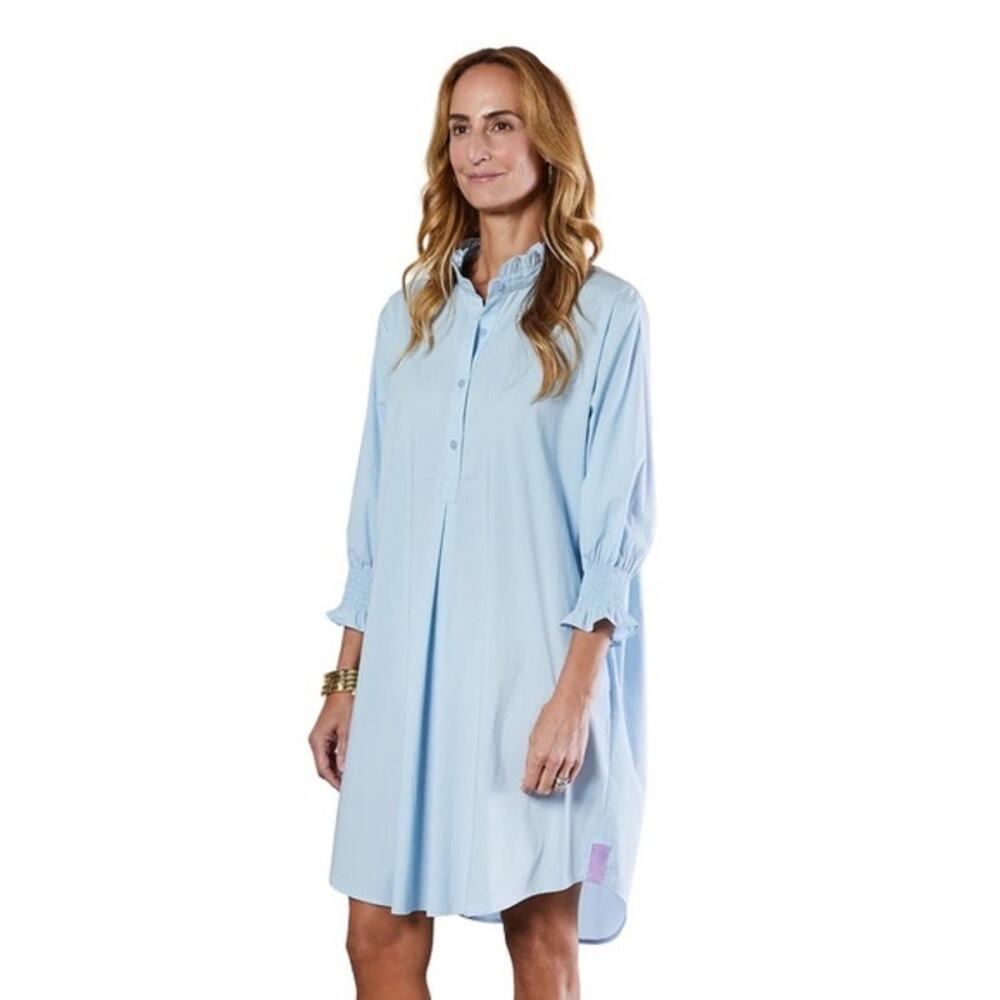 Caryn Lawn Kimberly Ruffle Collar Preppy Poplin Dress Light Blue Size M
